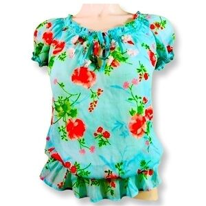 HOLLISTER Blue Floral Print & White Flowers Tie Short Sleeve Blouse